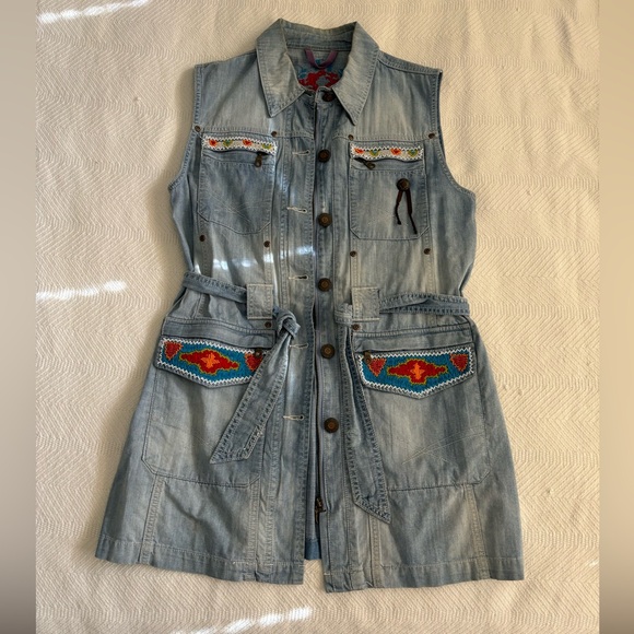 Double D Ranch Tops - Double D Ranch Light Blue Denim Embroidered Sleeveless Shirt Dress